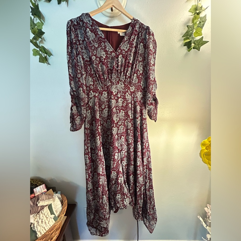 Shoshanna Burgundy and Blue Floral & Paisley Sharkbite Dress - Picture 2 of 12
